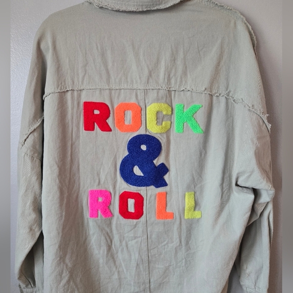 DAVI & DANI Tops - Davi & Dani Rock & Roll Graphic Shacket Sage Green Raw Hem Button Down Shirt